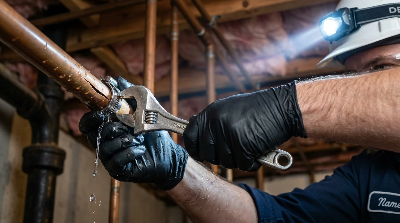 Emergency pipe clamp repair being performed by a Johns Plumbing LLC plumber in Frankenmuth