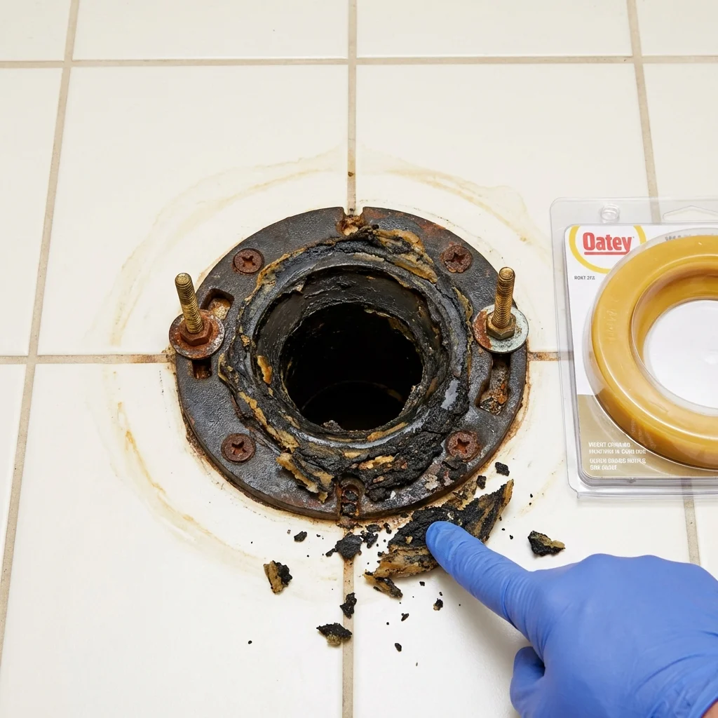 Failed wax ring showing water seepage at the base of a toilet in a Frankenmuth, MI home