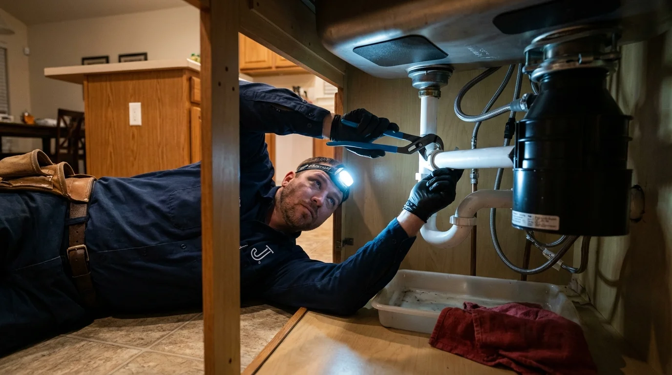 P-trap and supply line connections under a kitchen sink showing a common leak point in Frankenmuth, MI